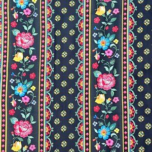 Vintage Floral Striped Fabric Multi-Color On Black Hippy Boho Sew Quilt 1 Yard
